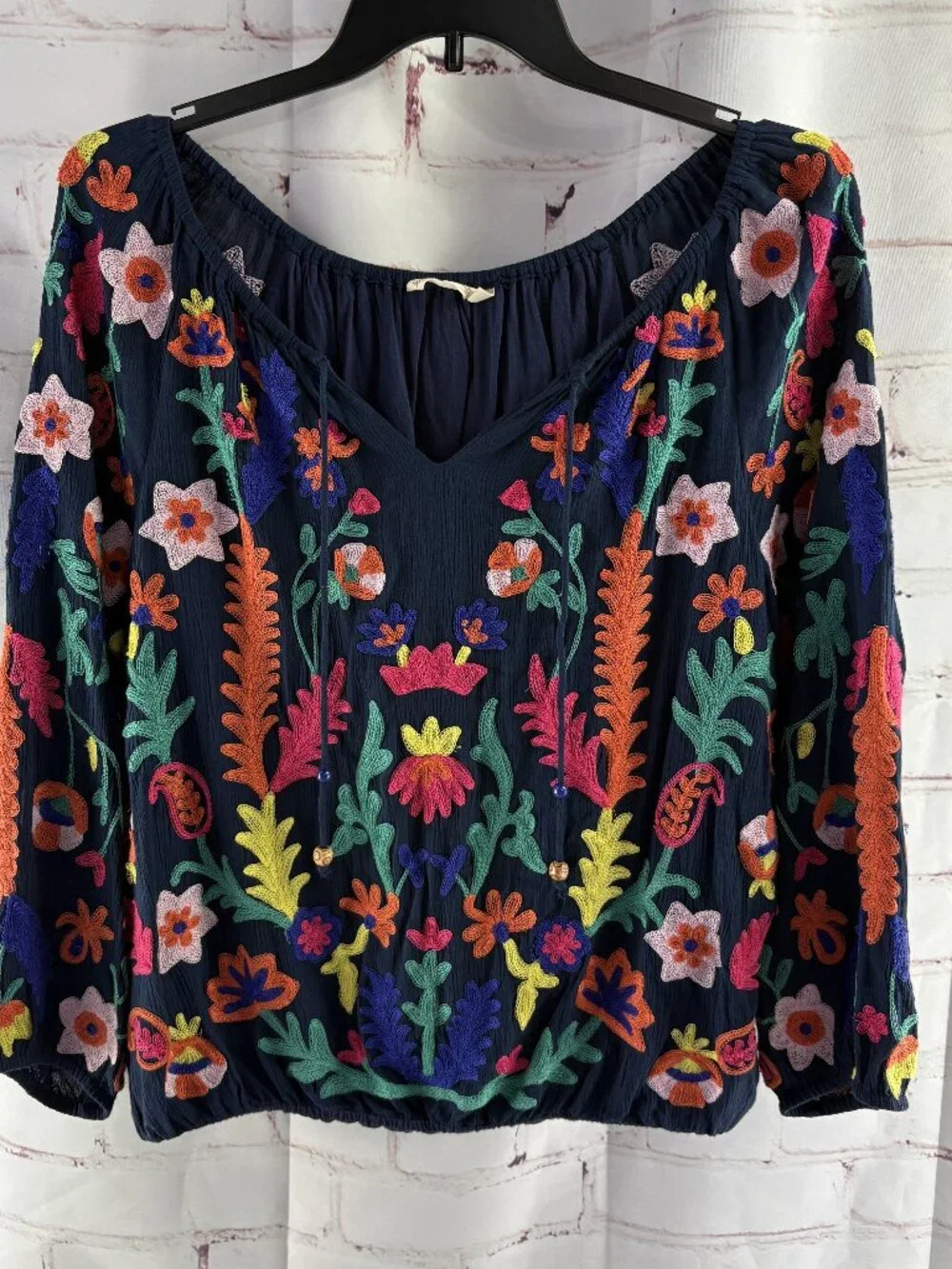 Soft Surroundings Banjara Navy Embroidered Floral Peasant Top XL - Picture 2 of 5